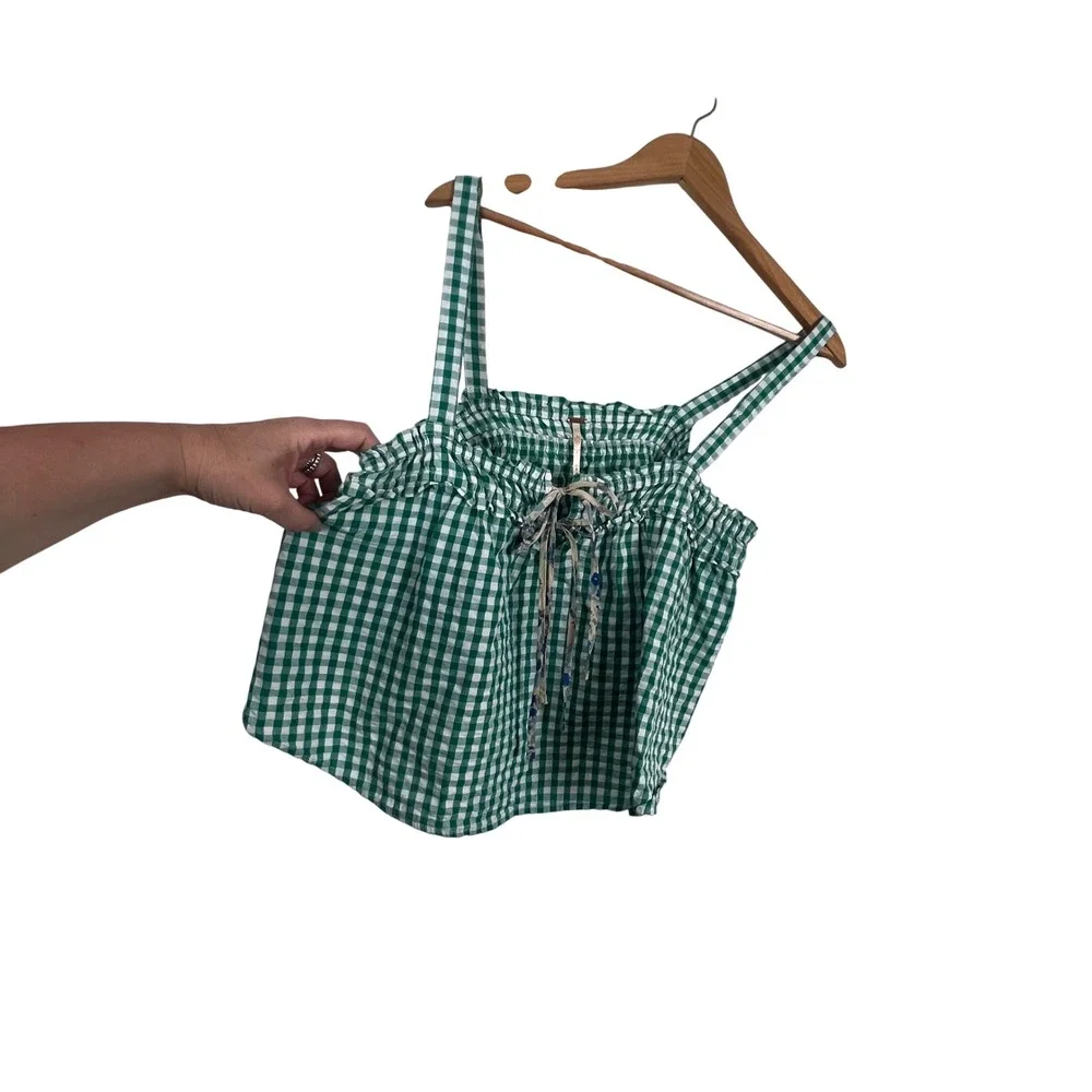 Free People Green Gingham Ruffle Tie Front Boho Cami Tank Top Womens Size Medium